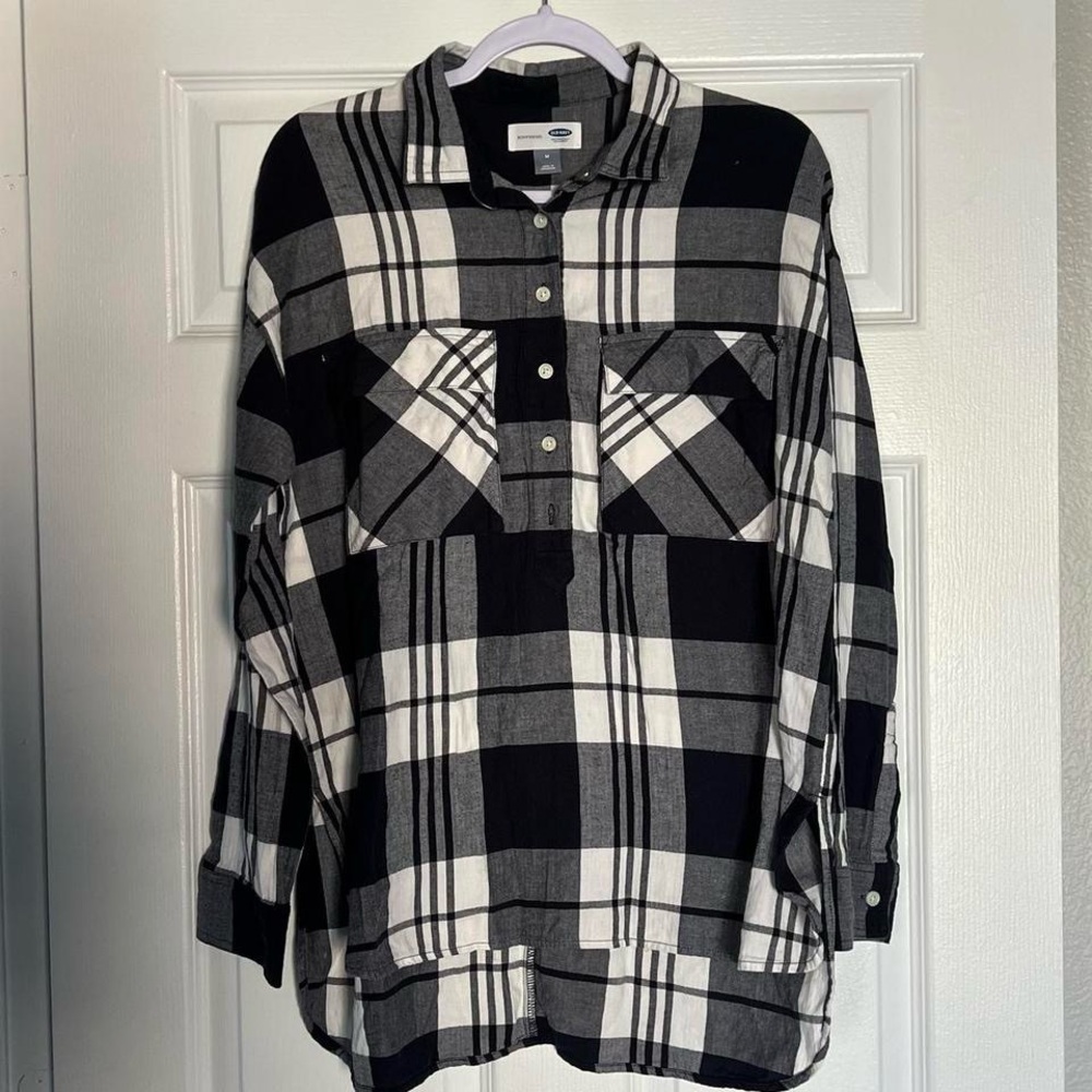 Navy blue and white plaid boyfriend flannel
